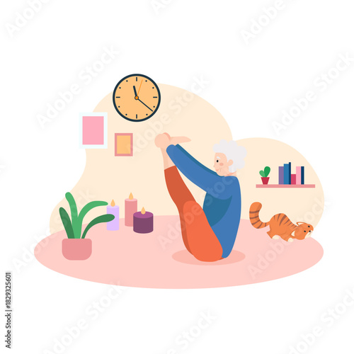 happy granny doing yoga post indoor