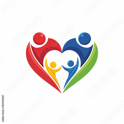 Vibrant graphic representation of a loving family or community united in a supportive heart shape symbol