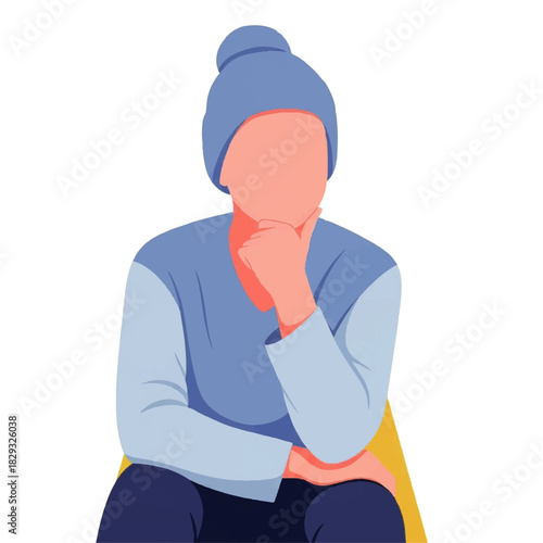 Abstract illustration of a person wearing a blue beanie, sitting and thinking with a hand on their chin, depicted in a minimalist flat design style.
