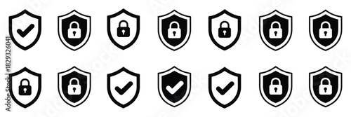 Shield Security Icon Set In Clean Vector Illustration Featuring Protection Symbols With Check Mark And Lock Elements For Modern Safety Interface Design Template