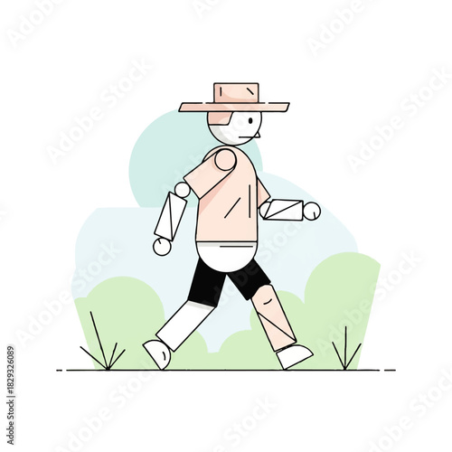 A minimalist line art illustration of a robot walking outdoors, wearing a hat and clothes, with a simple nature background.