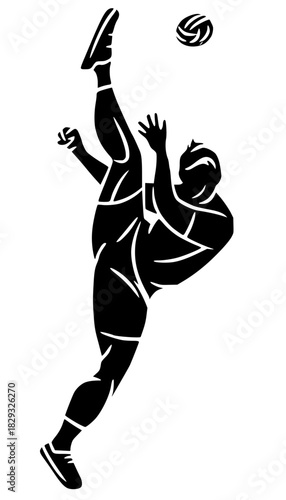 Sepak Takraw player executing an acrobatic, high-flying bicycle kick, hitting the rattan ball with dynamic force. Stylized black vector silhouette.