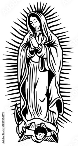 The Virgin of Guadalupe, Our Lady, depicted in a powerful black vector line illustration with radiating light and an angel below.