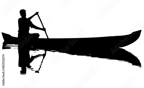 High-contrast blac silhouette of a person paddling a small wooden canoe on calm water, with a perfect reflection below