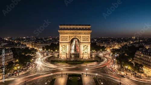 twilight time illumination paris city center triumph arch traffic circle street aerial timelapse panorama 4k france