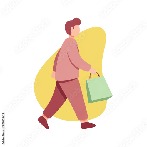 Flat illustration of a person walking and carrying a shopping bag, depicted with a simple yellow background.