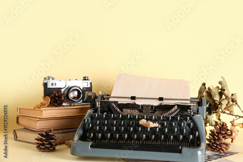 Vintage typewriter, books, ...