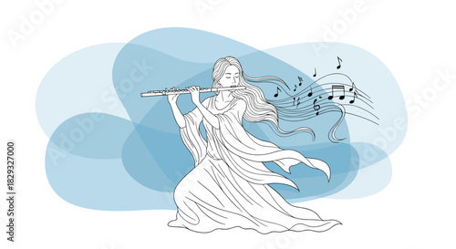 Illustration of a woman playing a flute with musical notes flowing from it, against a soft blue background.
