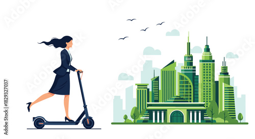 Woman in business attire rides an electric scooter towards a green cityscape with birds overhead.