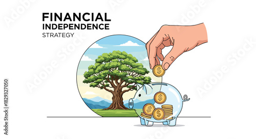 Financial independence strategy depicted by a hand dropping coins into a piggy bank next to a tree representing growth.