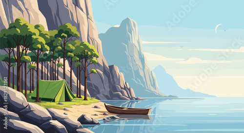 A serene camping scene by the water with a tent, trees, and a boat nestled against a rocky cliff.
