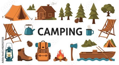 Collection of flat icons depicting various camping equipment and scenes.