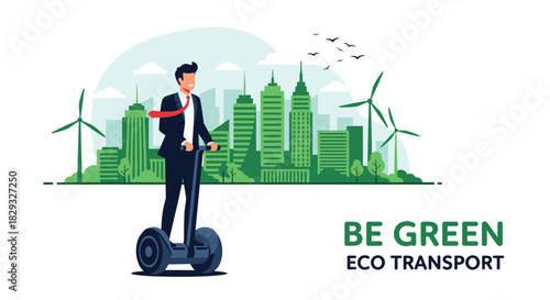 Man in a suit rides a self-balancing scooter past a green cityscape with wind turbines.