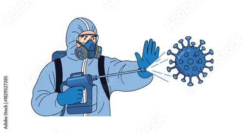Person in protective suit sprays disinfectant at a coronavirus particle.