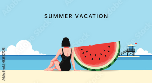 A woman in a black swimsuit sits on a sandy beach next to a large slice of watermelon, with a lifeguard tower in the background and the ocean and sky beyond.