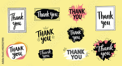 A Collection of Various Hand Drawn Thank You Text Elements for Design Projects.