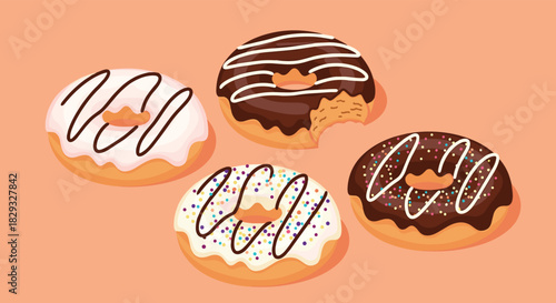 Delicious frosted donuts with sprinkles and chocolate glaze.