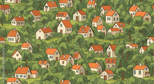 A charming illustration of many small houses nestled amongst green trees and bushes.