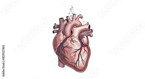 Anatomical illustration of the human heart showing its complex structure and vital blood vessels.
