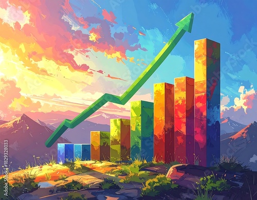 An abstract illustration showing a growing chart with multicolored bars and a green upward arrow, set against a scenic landscape