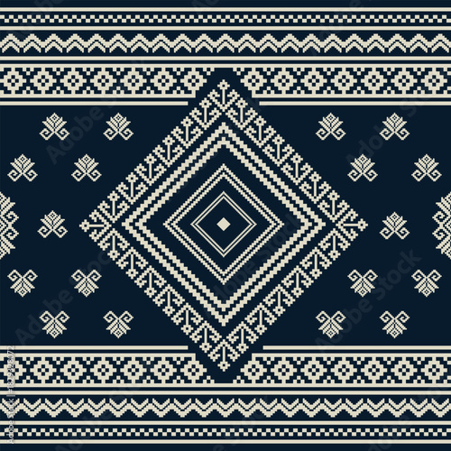 Indigo Ancestral Large Diamond Motif Pixel Pattern. Perfect for statement textiles, tapestry-style art, bold fabric prints, and home decor products.