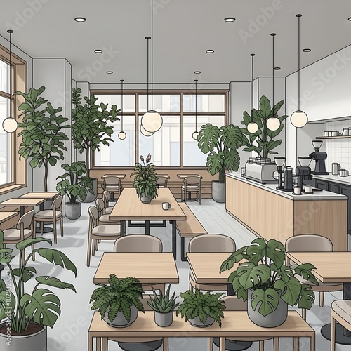 Modern Coffee Shop Interior with Lush Green Plants and Natural Light.