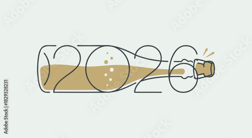 2026 Champagne Bottle Line Art happy new year 