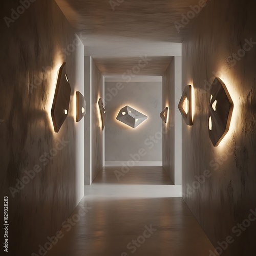 Mysterious architectural hallway with illuminated crystal fixtures.