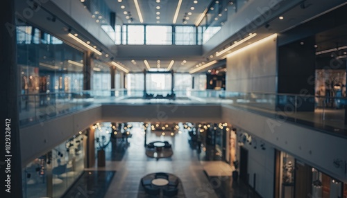 Modern Shopping Mall Interior Design with Glass Balustrades and Lighting.