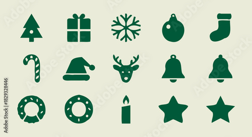 Flat Green Christmas Icons Set