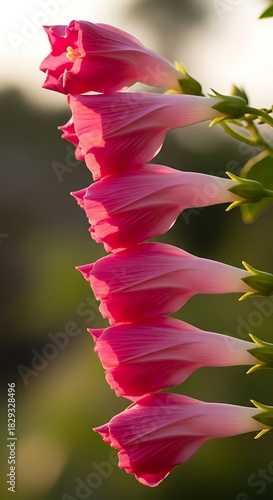 Vibrant Pink Hollyhock Flowers Blooming in a Vertical Row Against a Soft, Blurry Green Background.