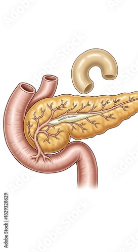 Anatomical illustration of the pancreas and duodenum.