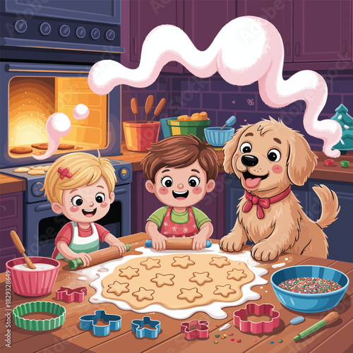 Children and dog baking cookies in a cartoon kitchen with an oven graphic design