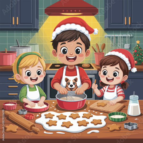 Children Baking Christmas Cookies in a Cozy Kitchen kids