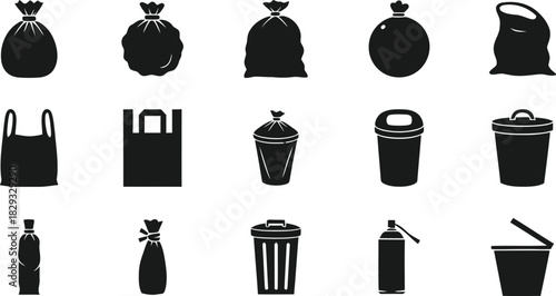 Collection of black and white trash and garbage icons