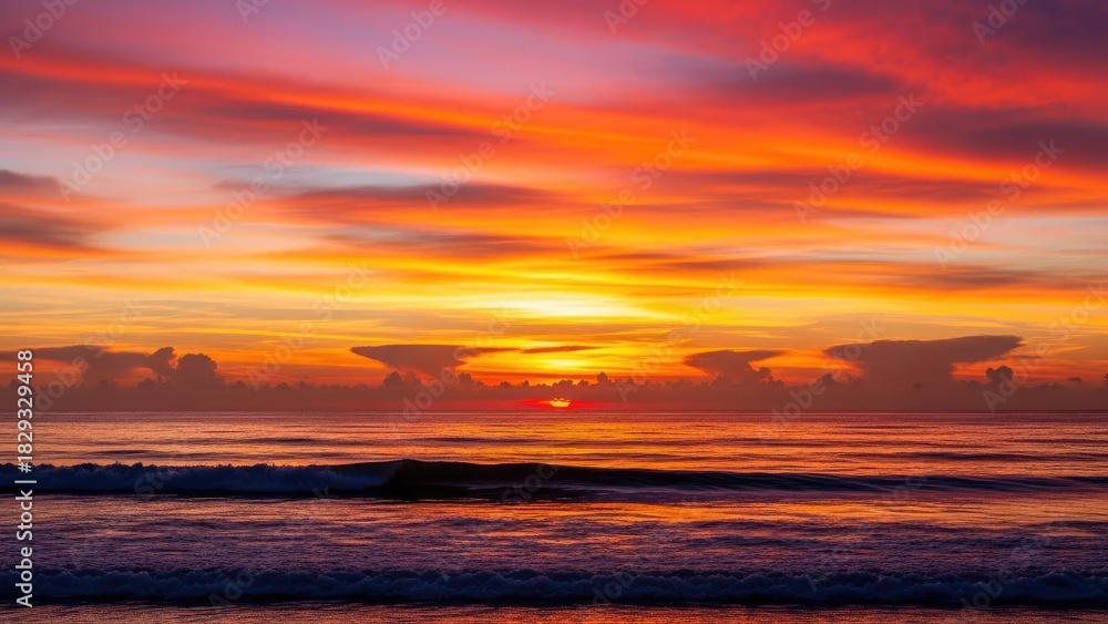 Obraz premium Vibrant tropical seascape at sunset, featuring an intensely colorful sky ablaze with fiery orange, red, and purple hues, reflecting majestically over the tranquil ocean waves