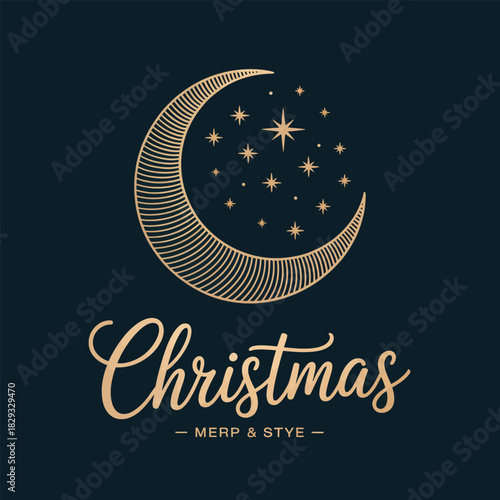 Elegant Crescent Moon and Stars Above Script Christmas Text Keywords: Christmas, moon, crescent