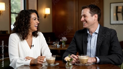 Two Professionals Sharing Laughter Over Coffee in a Warmly Lit Cafe Setting