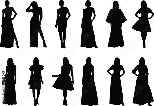 Fashionable women silhouettes in various poses and dresses