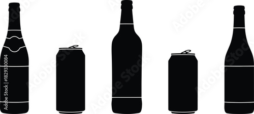 Silhouette of bottles and cans collection on white background