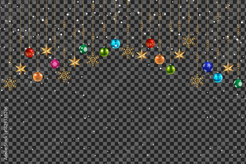 Golden stars and colorful ornaments dangle amid falling snow, presented