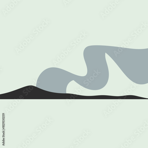 Abstract gradient wave over dark landscape on pale green background Keywords: abstract, gradient