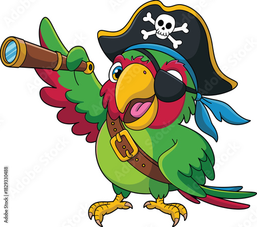 Cartoon illustration of pirate parrot, telescope adventure character costume design, playful clipart, storytelling vector drawing, isolated background, children’s entertainment concept