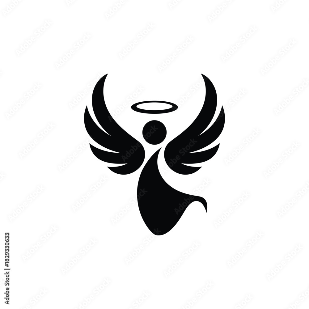 Obraz premium Black Angel Silhouette with Halo and Wings on White Background symbol