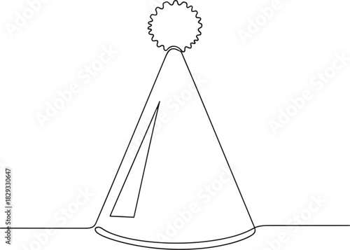 Simple line drawing of a party hat with a pom pom on a white background