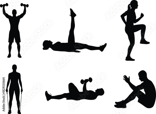 Silhouette of people exercising in different positions
