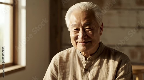 Elderly Asian Man Smiling Warmly With Gentle Sunlight Illuminating His Face Indoors With Natural Light And Soft Focus