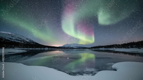 Vibrant Aurora Borealis Dances Over Starry Night Sky Reflecting in Frozen Arctic Lake Surrounded by Snow Covered