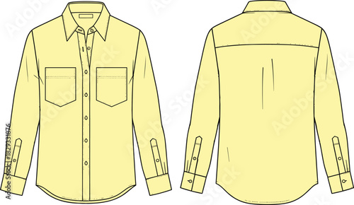 Men's or Unisex Long Sleeve Casual Shirt Technical Fashion Flat Sketch Template, Featuring Classic Collar, Patch Chest Pockets, and Rounded Cuffs Detail, Front and Back View Outline Drawing.