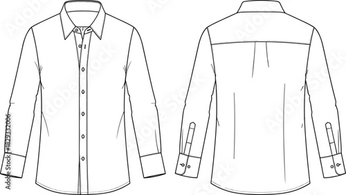 Men's or Unisex Long Sleeve Fitted Dress Shirt Technical Fashion Flat Sketch Template, Featuring Spread Collar, Concealed Placket, and Squared Cuffs Detail, Front and Back View Outline Drawing.